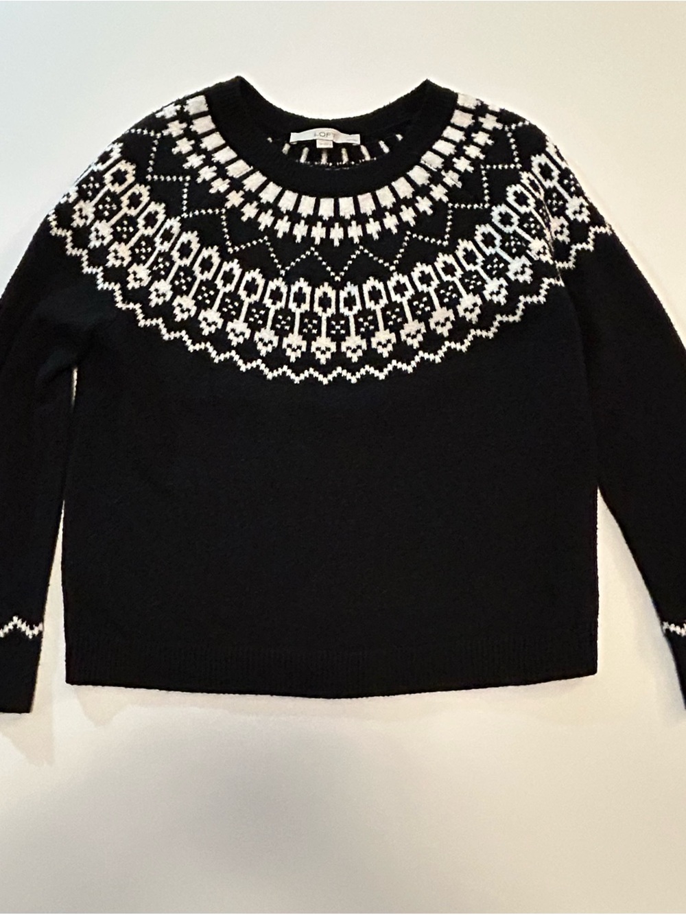 LOFT Black & White Fair Isle Crewneck Ski Sweater Gorpcore SZ S/P EUC Clean Girl - Picture 2 of 11